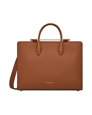 Strathberry chestnut leather tote with top handles and detachable shoulder strap.