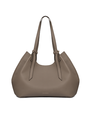 Taupe pebble-grain leather tote bag with double shoulder straps and rounded top silhouette.