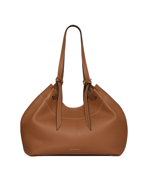 Tan leather tote bag with knotted shoulder straps and curved top edge.