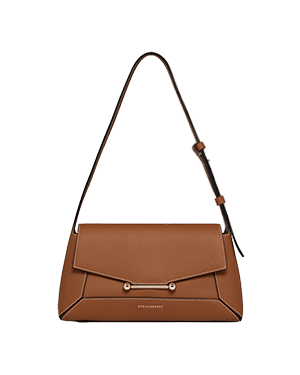 Tan Strathberry Mosaic shoulder bag with adjustable strap and gold-tone bar detail.