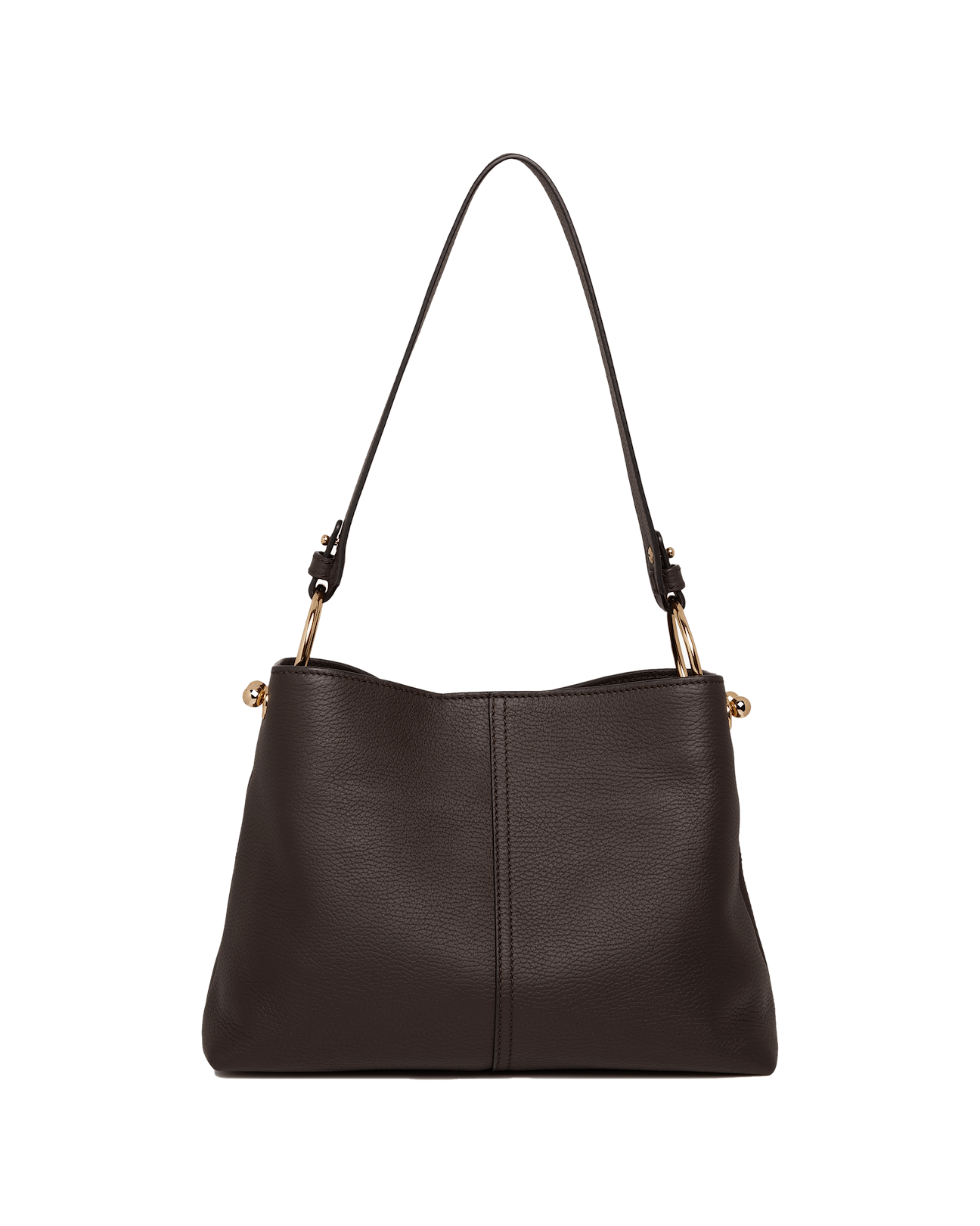 Espresso leather hobo bag with single shoulder strap and gold ring hardware.