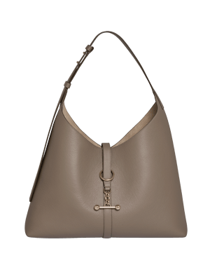 Taupe hobo bag with single shoulder strap and front T-bar metal closure.