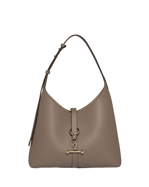 Taupe leather kite hobo with single shoulder strap and decorative metal bar clasp.