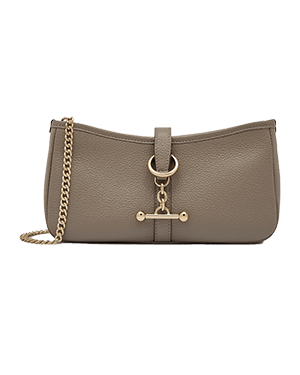 Taupe leather Kite on a Chain bag with gold chain strap and bar charm.