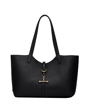 Black Kite tote bag with long handles and gold bar fastening.