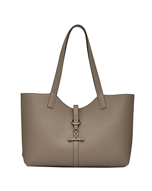 Taupe leather tote bag with gold bar fastening and two shoulder straps