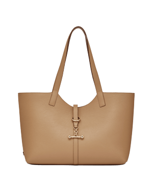 Caramel leather tote bag with long shoulder straps and central metal bar fastening.