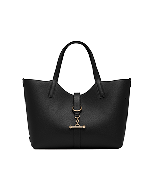 Black textured tote bag with short handles and gold bar fastening.
