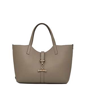 Taupe leather tote bag with central strap and gold-tone T-bar clasp