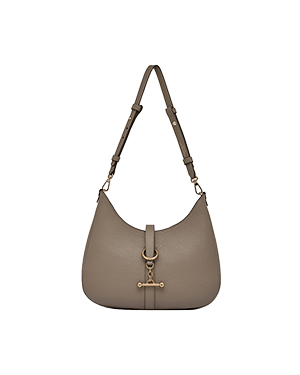 Taupe kite sling bag with top handle, adjustable shoulder strap and gold hardware.