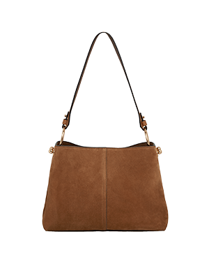 Tan suede hobo bag with single shoulder strap, central vertical seam and gold hardware.