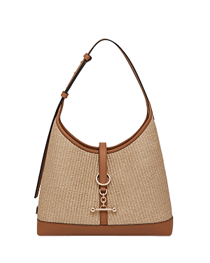 Tan raffia kite hobo bag with leather trim, shoulder strap and gold hardware