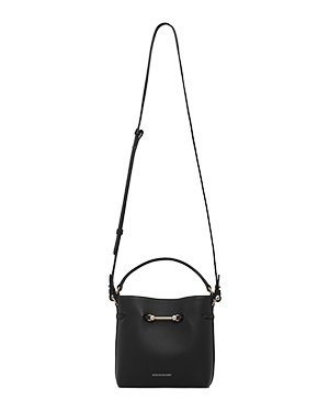 Black leather Strathberry Corda Bucket Mini with top handle, long shoulder strap, gold bar closure.