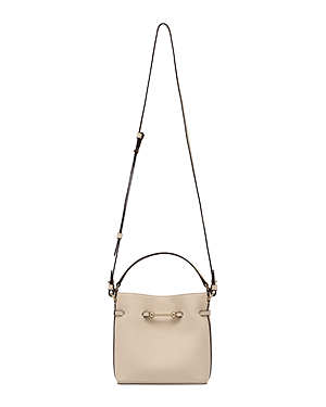 Oat-coloured mini bucket bag with top handle and adjustable long shoulder strap.