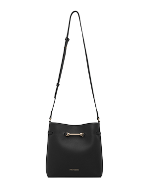 Black bucket bag with adjustable shoulder strap and gold bar hardware.