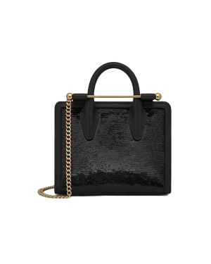 Black sequin nano tote with top handles, gold bar detail and chain strap.