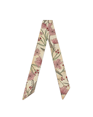 Butter yellow silk skinny scarf with pink floral and red berry print.