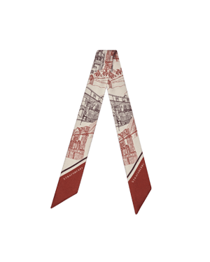 Oxblood burgundy silk skinny scarf with Edinburgh architecture print and pointed ends.