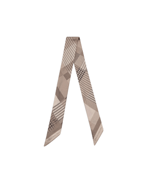 Oat tartan silk skinny scarf displayed in a V shape with pointed ends.