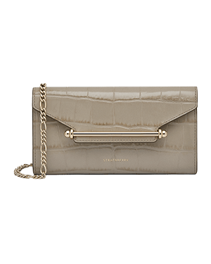 Strathberry croc-embossed Multrees chain wallet with gold bar and chain strap.