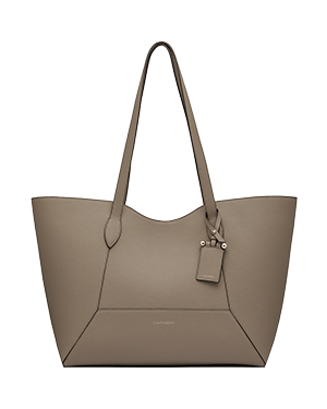 Taupe mosaic cabas tote bag with long shoulder straps and luggage tag.