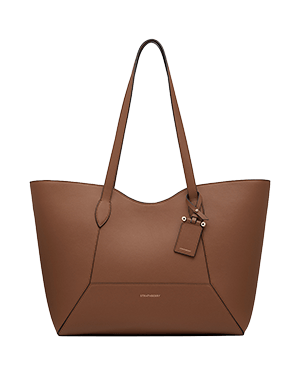 Strathberry hazelnut leather Mosaic Cabas tote with long shoulder straps and hanging tag.