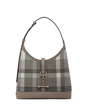 Kite hobo bag in tartan taupe with single shoulder strap and metal ring detail.