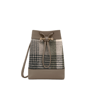 Tartan taupe Osette midi pouch with leather trim and drawstring fastening
