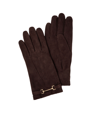 Chocolate suede gloves with gold-tone horsebit detail, pair laid flat.