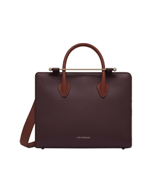 Strathberry midi tote in burgundy with walnut handles and chestnut shoulder strap
