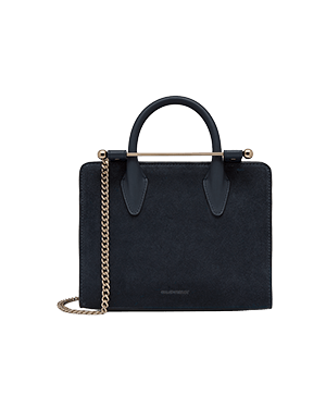 Navy suede mini tote with top handles and gold chain strap
