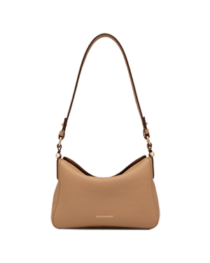 Strathberry Sway caramel leather shoulder bag with single strap and gold logo
