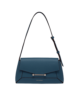 Strathberry loch blue mosaic shoulder bag with bar closure and adjustable shoulder strap.