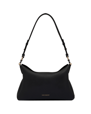 Black leather shoulder bag with single strap and gold Strathberry logo