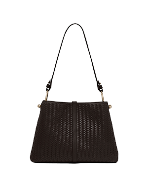 Chocolate woven leather hobo bag with single shoulder strap and top zip.
