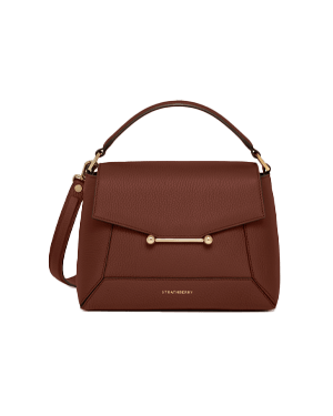 Walnut Mosaic bag with top handle, detachable shoulder strap and gold bar detail, Strathberry logo.