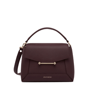 Burgundy Strathberry Mosaic bag with top handle, gold bar detail and strap