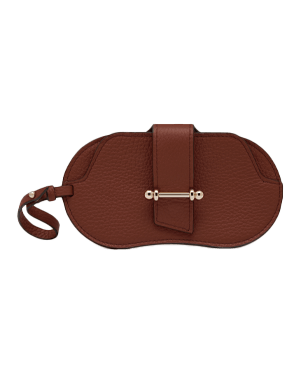 Walnut pebbled leather sunglasses case with strap and metal bar fastening.