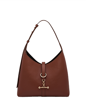 Walnut pebbled leather kite hobo bag with single strap and gold clasp.