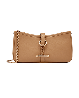 Caramel leather kite-shaped shoulder bag with gold chain strap and hardware.