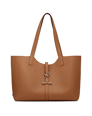Tan leather kite tote with long shoulder straps and metal bar clasp