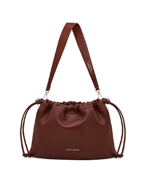 Strathberry walnut leather drawstring shoulder bag with single wide strap.