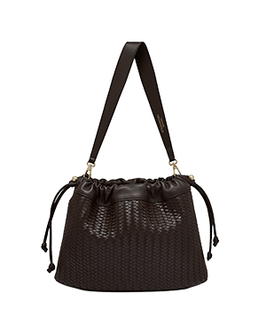 Chocolate woven leather drawstring bag with single flat shoulder strap and gold hardware.