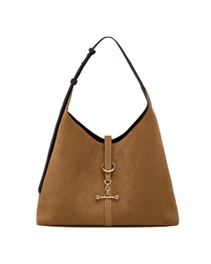 Toffee suede hobo bag with espresso leather trim, gold ring and bar hardware