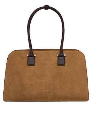 Toffee suede rectangular bag with espresso leather handles and top trim.