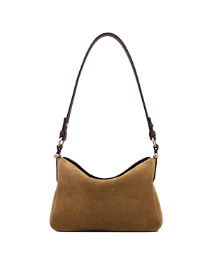 Toffee suede shoulder bag with espresso leather strap and gold-tone hardware.