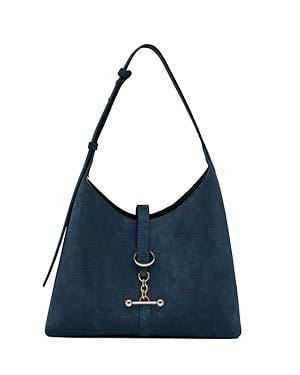 Loch blue suede kite hobo bag with single shoulder strap and gold hardware.