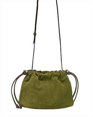 Lime suede drawstring bag with khaki adjustable strap and gathered top.