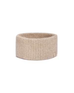 Oat ribbed cashmere headband, folded into a circular band on a white background.