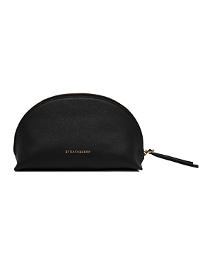 Black Strathberry Nest pouch with gold logo and leather zip pull.